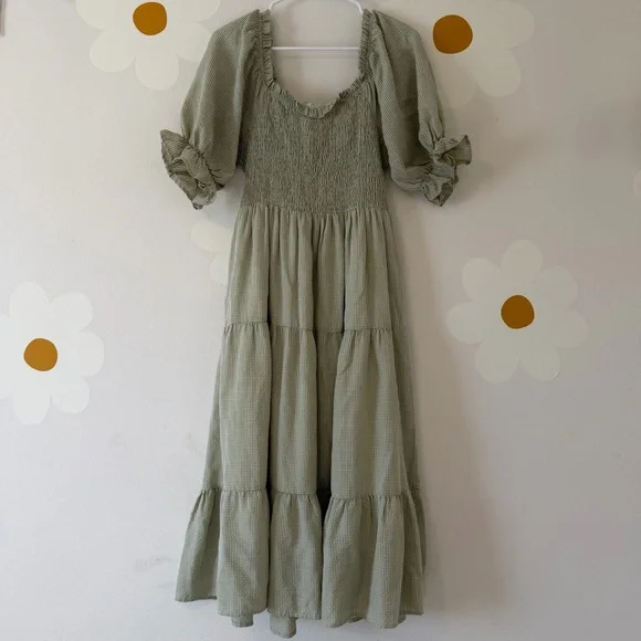 Bohme Green Gingham Smocked Puff Sleeve Midi Dress with Back Bow Cottagecore - Picture 4 of 11